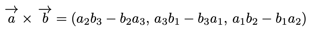 \[\vec{a}\times\vec{b}=(a_2b_3-b_2a_3,\,a_3b_1-b_3a_1,\,a_1b_2-b_1a_2)\]
