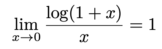 \[\lim_{x\to 0}\frac{\log (1+x)}{x}=1\]