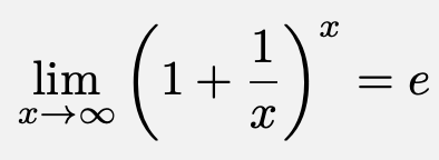 \[\lim_{x\to \infty}\left(1+\frac{1}{x}\right)^x=e\]