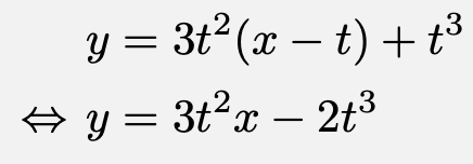 \begin{align*}&y=3t^2(x-t)+t^3\\\Leftrightarrow&y=3t^2x-2t^3\end{align*}