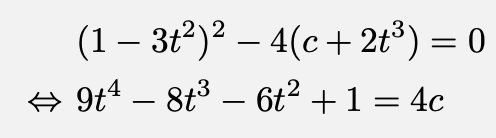 \begin{align*}&(1-3t^2)^2-4(c+2t^3)=0\\\Leftrightarrow &9t^4-8t^3-6t^2+1=4c\end{align*}