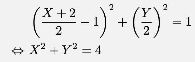 \begin{align*}&\left(\frac{X+2}{2}-1\right)^2+\left(\frac{Y}{2}\right)^2=1\\\Leftrightarrow & X^2+Y^2=4\end{align*}