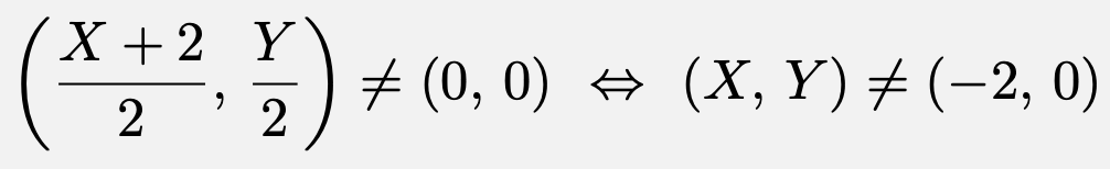 \[\left(\frac{X+2}{2},\,\frac{Y}{2}\right)\ne (0,\,0)\Leftrightarrow (X,\,Y)\ne(-2,\,0)\]