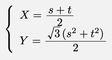 \[\left\{\begin{array}{l}X=\frac{s+t}{2}\\Y=\frac{\sqrt{3}(s^2+t^2)}{2}\end{array}\right.\]