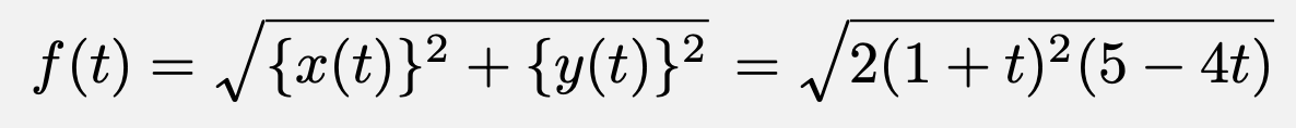 \[f(t)=\sqrt{\{x(t)\}^2+\{y(t)\}^2}=\sqrt{2(1+t)^2(5-4t)}\]