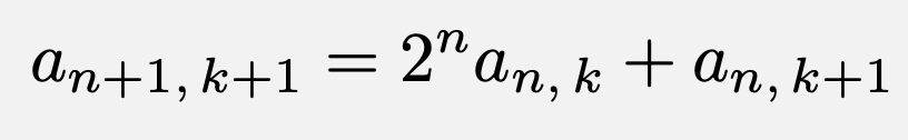 \[a_{n+1,\,k+1}=2^na_{n,\,k}+a_{n,\,k+1}\]