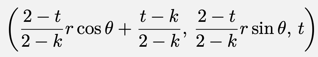 \[\left(\frac{2-t}{2-k}r\cos \theta+\frac{t-k}{2-k},\,\frac{2-t}{2-k}r\sin\theta,\,t\right)\]