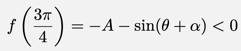 \[f\left(\frac{3\pi}{4}\right)=-A-\sin(\theta+\alpha)<0\]